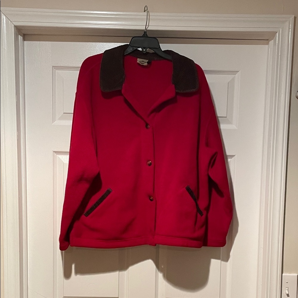 L L Bean red fleece barn jacket with brown corduroy collar